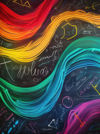 Vibrant chalk waves intertwine with scientific formulas and diagrams, creating a rich, educational backdrop for creative exploration.の素材