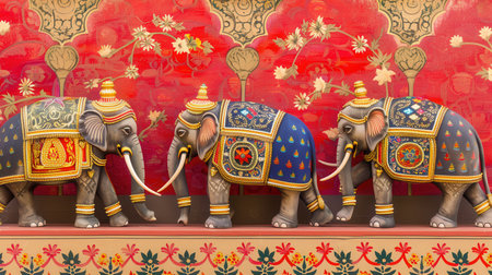 Elaborately decorated elephants walk elegantly, showcasing intricate designs at a lively Indian festival in full swing.の素材