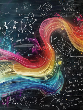 Colorful chalk strokes create flowing waves on a chalkboard, seamlessly blending with scientific diagrams and formulas, inspiring an artistic learning environment.の素材
