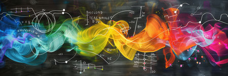 A vibrant chalkboard displays colorful waves and integrates scientific formulas and diagrams throughout the design for an artistic learning atmosphere.の素材