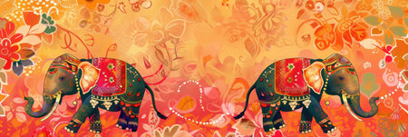 Elephants adorned with intricate decorations march through a lively festival, showcasing cultural heritage and vibrant artistry against a festive backdrop.の素材