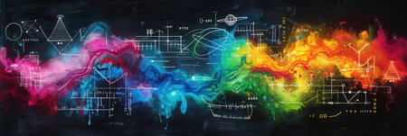 A vibrant chalkboard backdrop displays colorful waves of chalk with scientific formulas and diagrams artfully integrated into the design.の素材
