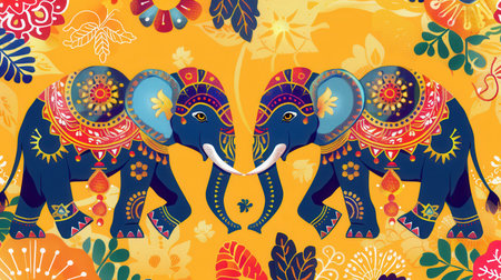 Elephants adorned with bright decorations parade joyfully, showcasing cultural richness during a lively festival in India.の素材