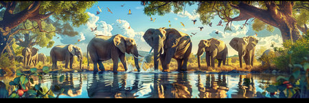 Elephants gather peacefully around a waterhole, reflecting the beauty of nature in the warm light of a tranquil afternoon.の素材