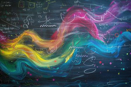 A dynamic chalkboard features colorful chalk strokes and integrated scientific diagrams, creating an engaging learning atmosphere for students.の素材