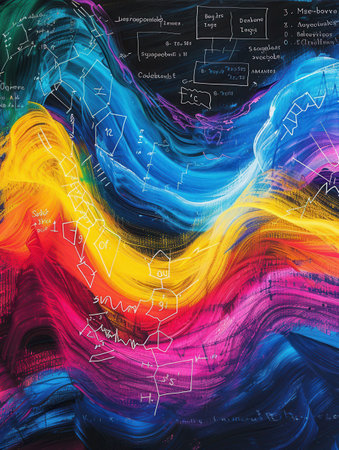 Colorful, sweeping chalk strokes and scientific formulas come together on a chalkboard, creating an engaging educational backdrop.の素材