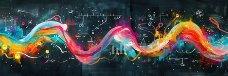 Vibrant chalk strokes create sweeping waves with subtle scientific formulas and diagrams blending into the colorful design on a chalkboard.の素材
