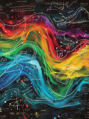 A vibrant background of colorful waves intertwines with scientific diagrams and formulas, creating an inspiring educational space for learning.の素材