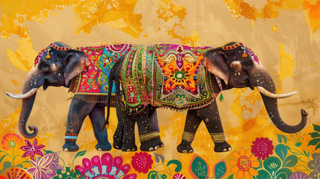 Decorated elephants showcase intricate designs while participating in a lively festival that celebrates Indian culture and tradition.の素材