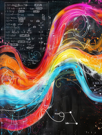 Colorful chalk strokes create sweeping waves on a chalkboard, intertwined with subtle scientific formulas and diagrams, enhancing the educational atmosphere.の素材