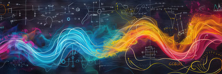 Colorful waves of chalk strokes blend seamlessly with scientific formulas and diagrams on a chalkboard background, creating an engaging educational environment.の素材