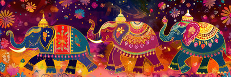 Colorful elephants adorned with intricate decorations parade through a bustling Indian festival, highlighting cultural traditions and celebrations.の素材