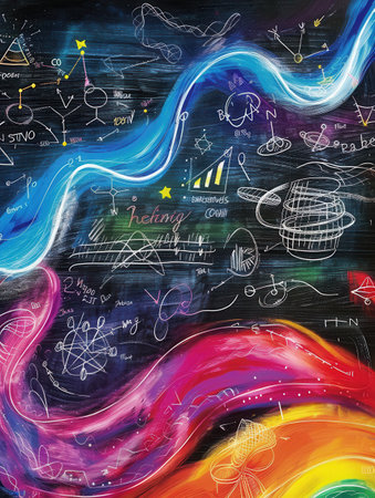A colorful chalkboard showcases sweeping waves of chalk strokes intertwined with scientific formulas and diagrams, embodying a creative learning atmosphere.の素材
