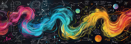 A vibrant chalkboard background displays colorful waves of chalk strokes blended with scientific formulas and diagrams, inviting creativity and discovery.の素材