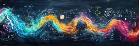 A vibrant chalkboard displays sweeping colorful waves intertwined with scientific formulas and diagrams, creating an engaging educational backdrop.の素材