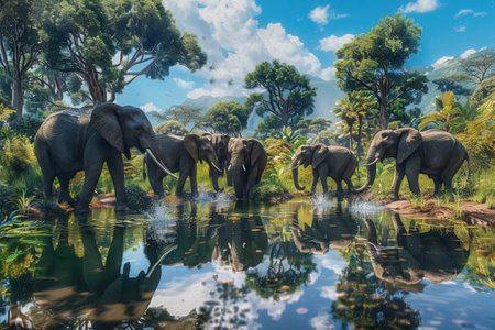 Elephants playfully splash in a tranquil pool surrounded by lush greenery and vibrant trees under a clear blue sky.の素材