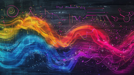 A dynamic chalkboard display showcases colorful waves of chalk strokes intermingled with scientific formulas and diagrams, enhancing the learning environment.の素材