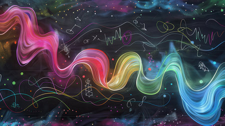 A vibrant chalkboard displays sweeping waves of color adorned with scientific formulas and diagrams, blending education with artistic expression.の素材
