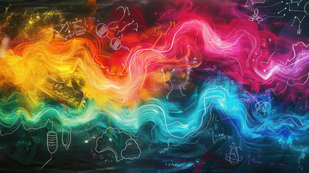 A vibrant chalkboard displays sweeping waves of color alongside subtle scientific formulas and diagrams, showcasing an artistic educational environment.の素材