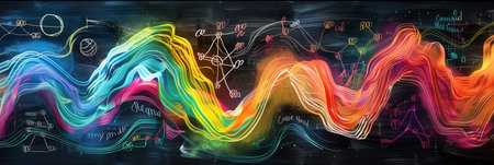 A vibrant chalkboard background displays colorful waves with scientific diagrams and formulas creatively integrated into the design.の素材