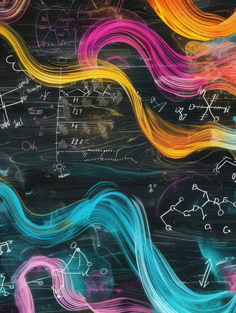 Colorful chalk strokes create sweeping waves alongside diagrams and scientific formulas on a chalkboard, infusing the space with creativity and learning.の素材