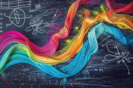 A vibrant chalkboard features sweeping waves of color intermingled with scientific formulas and diagrams, creating an engaging educational atmosphere.の素材