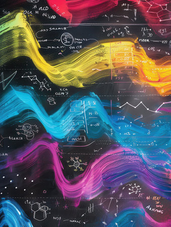 Colorful chalk waves and scientific formulas blend seamlessly on the chalkboard, creating an inspiring atmosphere for learning and exploration.の素材