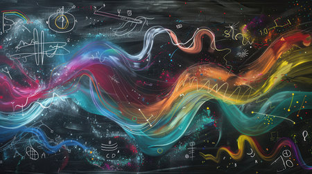 A vibrant chalkboard displays sweeping waves of colorful chalk strokes intermingled with intricate scientific diagrams and formulas.の素材