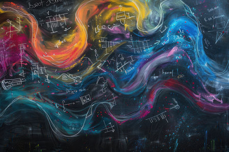 A vibrant chalkboard features sweeping waves of colorful chalk and integrates various scientific formulas and diagrams creatively.の素材