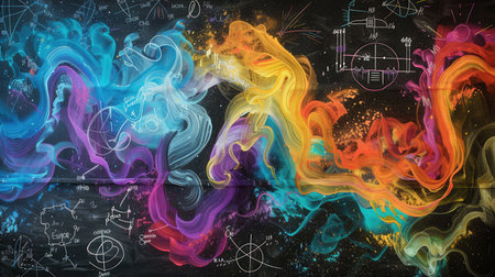 Vibrant chalk strokes create colorful waves against a blackboard, seamlessly integrating scientific formulas and diagrams in an educational atmosphere.の素材