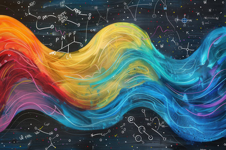 A vibrant chalkboard displays sweeping colors and integrated scientific formulas, creating an engaging learning atmosphere for students.の素材