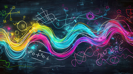 A chalkboard background showcases sweeping waves of vibrant chalk strokes, interwoven with scientific formulas and diagrams for an educational touch.の素材