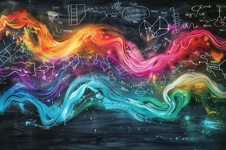 Colorful waves of chalk strokes blend with scientific formulas and diagrams on a chalkboard, capturing a vibrant exploration of knowledge and creativity.の素材