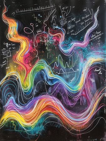 Vibrant chalk strokes wave across a blackboard, expertly merging colorful patterns with scientific formulas and diagrams in an artistic display.の素材