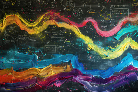 Vibrant chalk strokes swirl across a chalkboard, interwoven with scientific diagrams and formulas, creating an engaging learning atmosphere.の素材