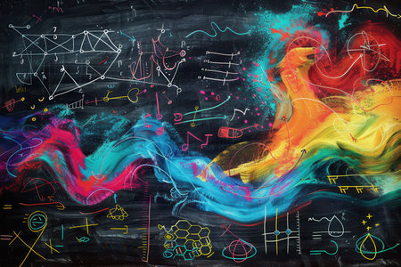 A chalkboard adorned with sweeping colorful chalk strokes alongside subtle scientific diagrams captures the essence of creativity and learning.の素材