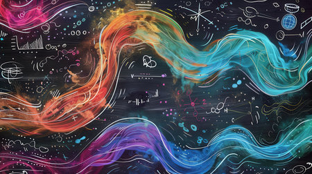 A vibrant chalkboard displays colorful waves of chalk strokes, seamlessly integrating scientific formulas and diagrams into the artistic design.の素材