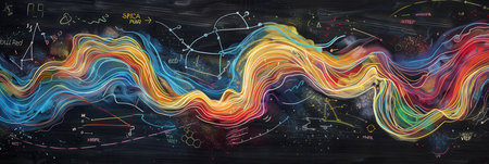 Vibrant chalk strokes flow across a chalkboard, blending colors and subtly incorporating scientific formulas and diagrams throughout the artwork.の素材