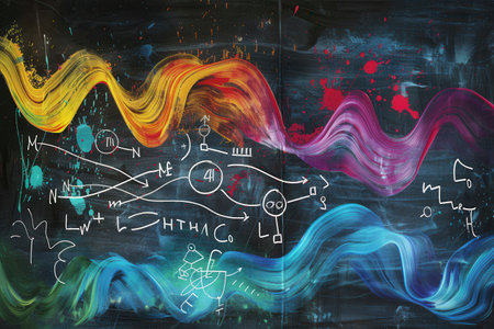 Colorful waves of chalk swirl across a chalkboard, integrating scientific formulas and diagrams in a creative and educational display.の素材