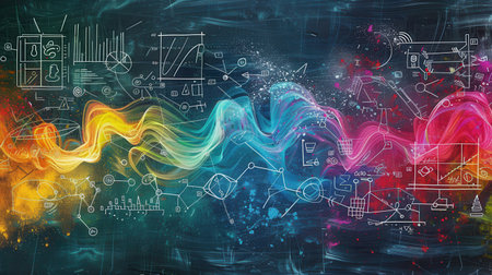 A vibrant chalkboard features sweeping waves of colors intertwined with scientific formulas and diagrams, creating an inspiring educational backdrop.の素材