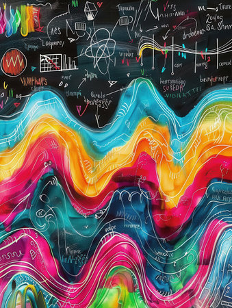 A dynamic chalkboard background showcases colorful waves along with integrated scientific formulas and diagrams, creating an engaging educational atmosphere.の素材