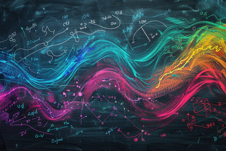 A colorful chalkboard displays sweeping waves of chalk strokes integrated with scientific formulas and diagrams, creating an energetic learning atmosphere.の素材