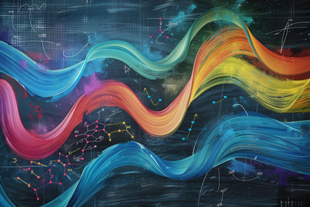 Vibrant chalk strokes blend seamlessly with scientific diagrams, creating a unique backdrop of color and intelligence for educational exploration.の素材