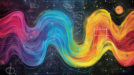 Creative chalkboard artwork features colorful waves intertwining with scientific diagrams and formulas, blending art and education in a captivating way.の素材