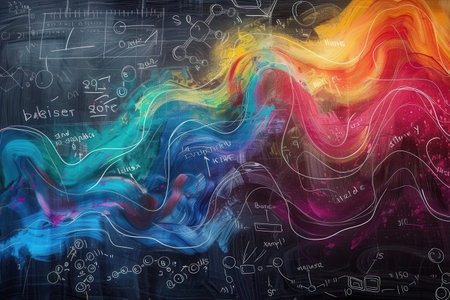 A vibrant chalkboard displays colorful waves of chalk with scientific formulas and diagrams creatively blended into the background.の素材