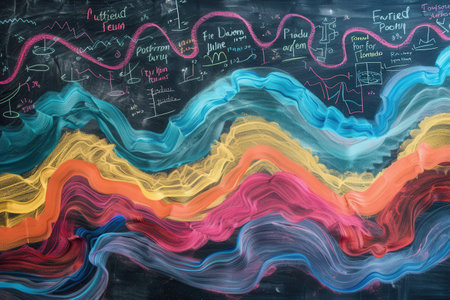 Vibrant waves of chalk strokes blend with scientific formulas and diagrams on a chalkboard, creating an engaging educational backdrop for learning.の素材
