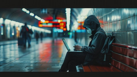 A person in a hooded jacket types on a laptop seated on a bench in a bustling metro station, highlighting the risks of unsecured public Wi-Fi connections.の素材