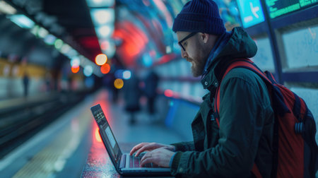 A person in a winter hat works intently on a laptop in a busy metro station, surrounded by the hustle of daily commuters and colorful lights.の素材