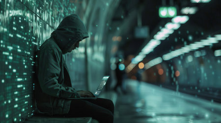 A hacker sits quietly in a metro station, focused on their laptop, showing the vulnerabilities of using public Wi-Fi for sensitive tasks.の素材