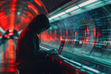 A hacker is focused on a laptop in a metro station, emphasizing the vulnerabilities of public Wi-Fi as neon lights reflect in the background.の素材